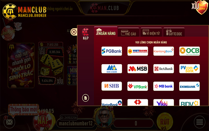 Giao diện nạp tiền ManClub hỗ trợ ngân hàng, ví điện tử