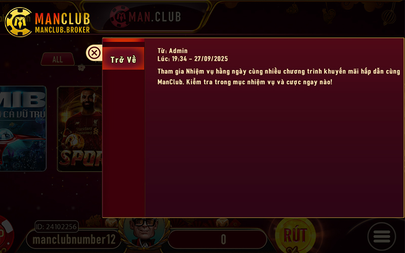 Chỉ cần làm đúng thao tác, thưởng mỗi ngày Manclub sẽ được kích hoạt