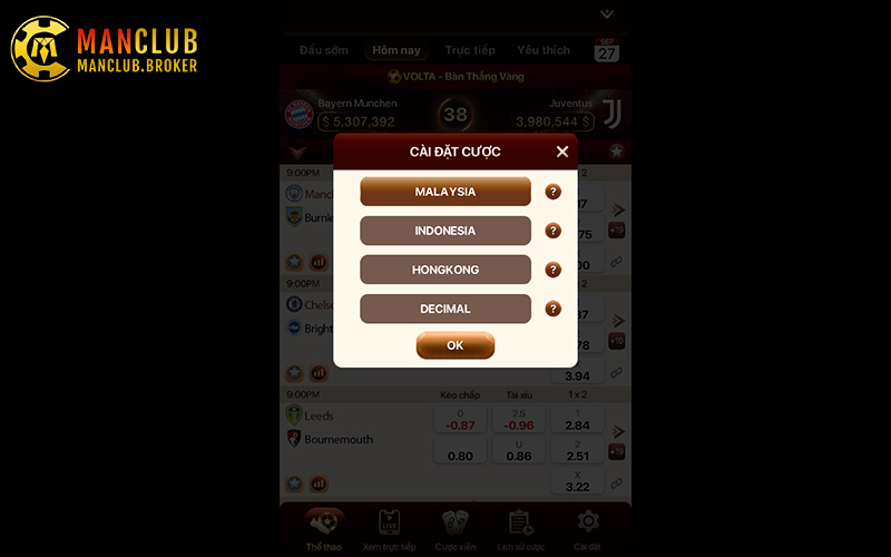 Giao diện tùy chọn tỷ lệ cược quốc tế trong mỗi trận